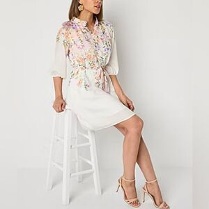 52seven 12P White Floral Mock Neck Button Front 3/4 Sleeve Belted Dress